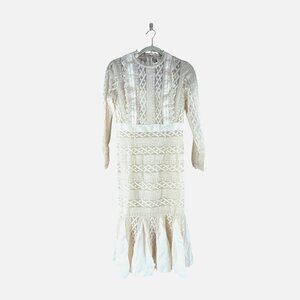 Metisu NWT Cream Sheer Lace Overlay Fishtail Midi Dress M Cottagecore Luxury